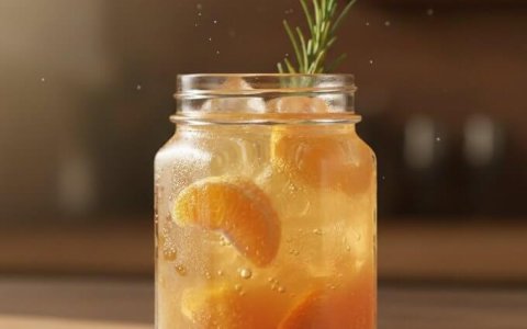 六边形玻璃罐中的清爽橙汁鸡尾酒