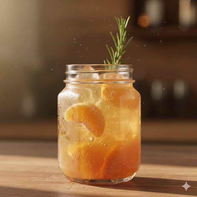 六边形玻璃罐中的清爽橙汁鸡尾酒