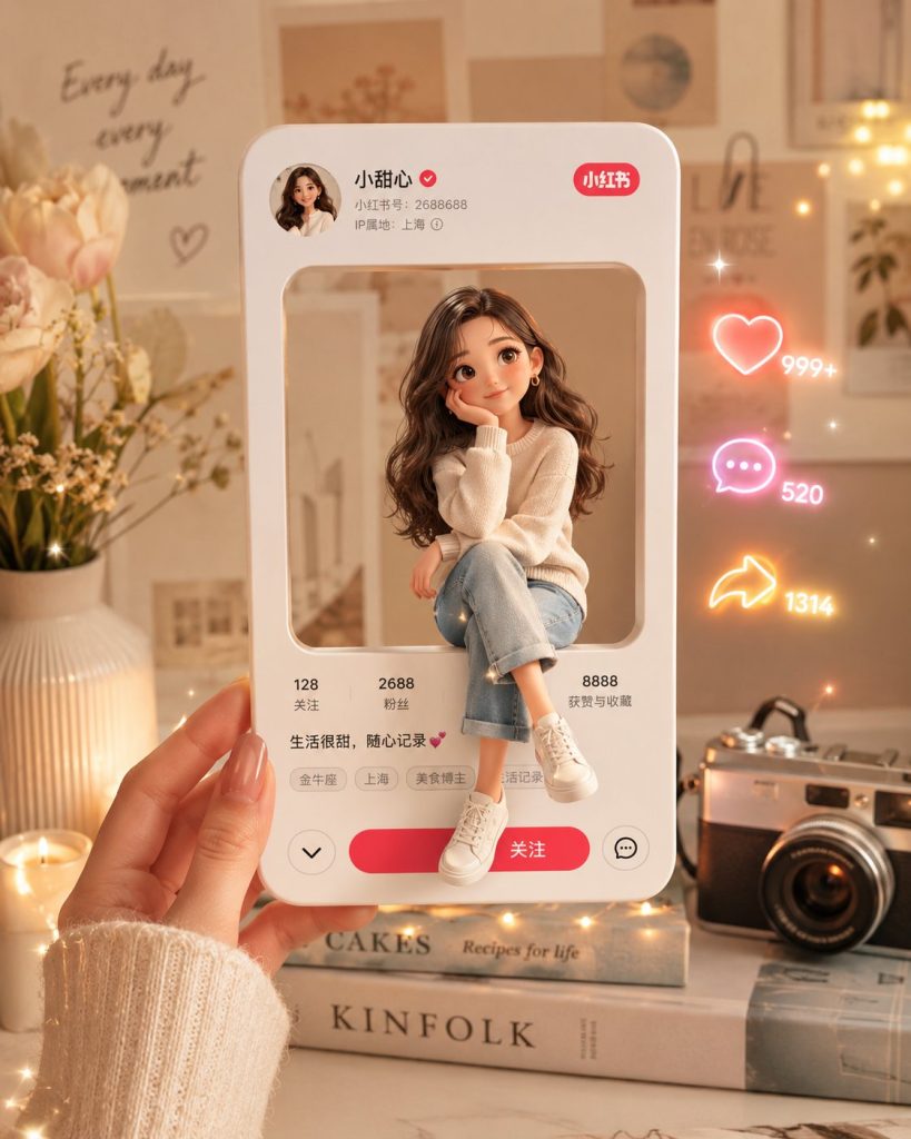 一只手中握着一张3D小红书个人资料卡