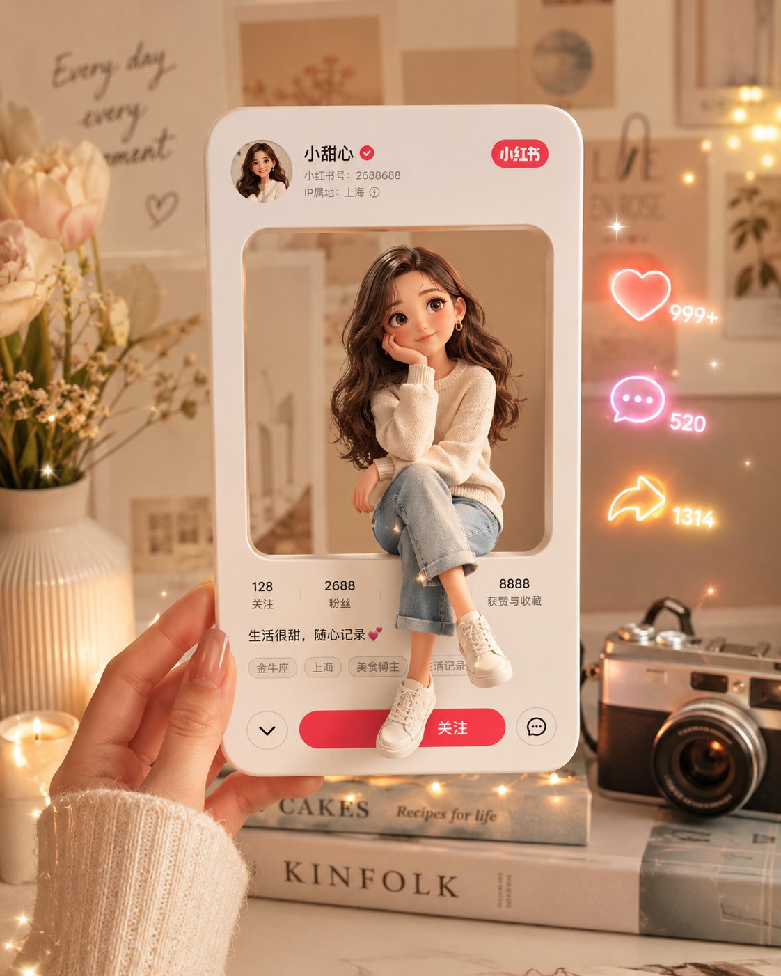 一只手中握着一张3D小红书个人资料卡